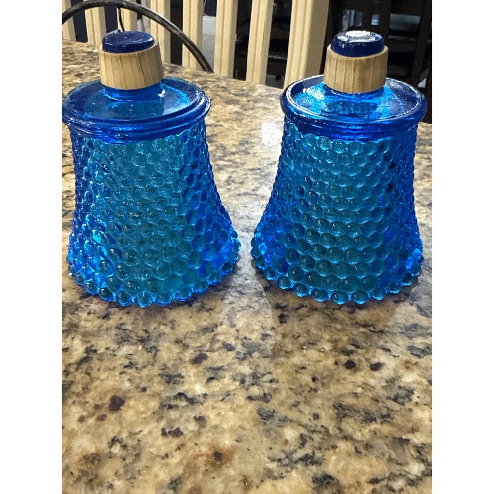 Vintage Blue Hobnail Glass Votive Candle Holders with Wood Toppers Set of 2